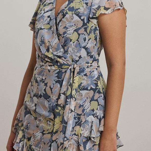 RALPH LAUREN 2025 Blue Floral Ruffle-trim Georgette Gown 16W - Picture 4 of 6